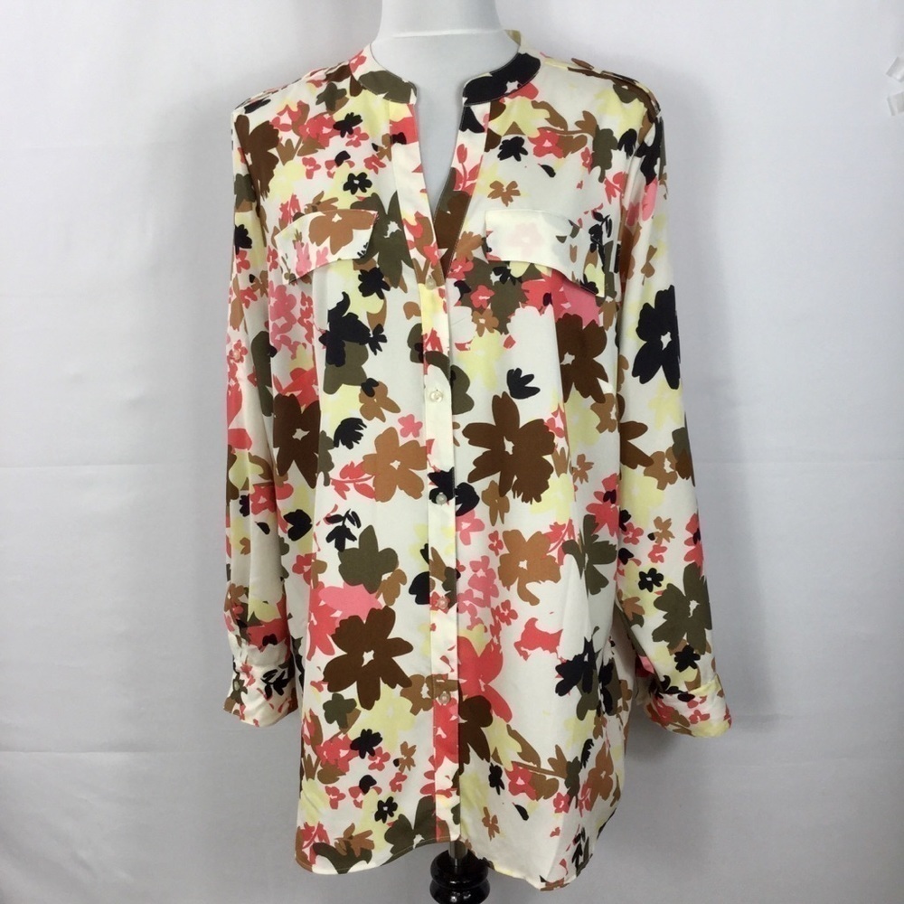 Calvin Klein Floral Print Y-Neck Long Roll-Tab Sleeve Button Front Top Size 1X